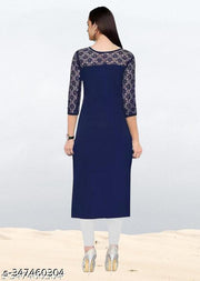 Polyster/Crepe fabric-Casual And Round-Neck 3/4 Length Sleeves Navy Blue Kurti (45"Inches)