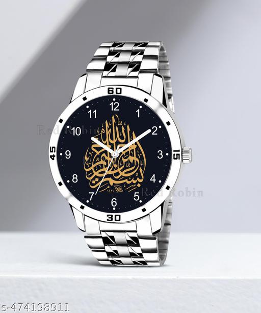 Krolexe Analog Bismillah Isalmic Design Round Dial Latest Fashion Attractive Stainless Steel Silver Strap Stylish Wrist Watch for Muslim Men and Boys, Pack of 1 - IW002-NUM-AVO-SIL-STL