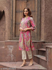 Women's  Multi print Rayon Straight Kurtis with lace work
