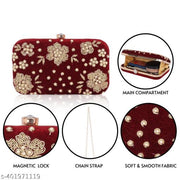 RABIYA Fashion Ladies Velvet Clutch – Dark Maroon & Gold Embroidered Bridal & Weddings Girls & Women