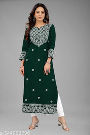 Women Embroidered Cotton Rayon Straight Kurta  (Green)