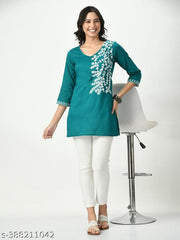 Womens Blue Cotton Embroidered Short Kurti