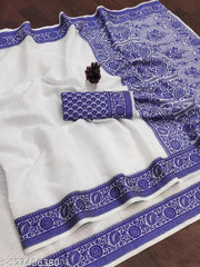 Top trending latest simple plain party wear/wedding Women's Jacquard Rapier Weaving White Cotton Silk Saree with Blue Thread Border & Rich Pallu | Elegant Traditional Saree