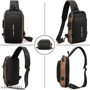 Chest Bag for Men&Women with USB Charging Portt | Anti-Theft Crossbody Sling Bag for Men | Travel Shoulder USB Sling Bag | Sports Messenger Bag | Side Bag Casual Daily Use Bag Water Resistance (Black&Brown))