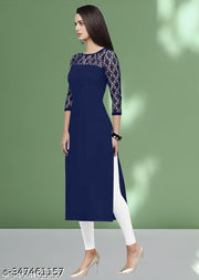 Polyster/Crepe fabric-Casual And Round-Neck 3/4 Length Sleeves Navy Blue Kurti (45"Inches)