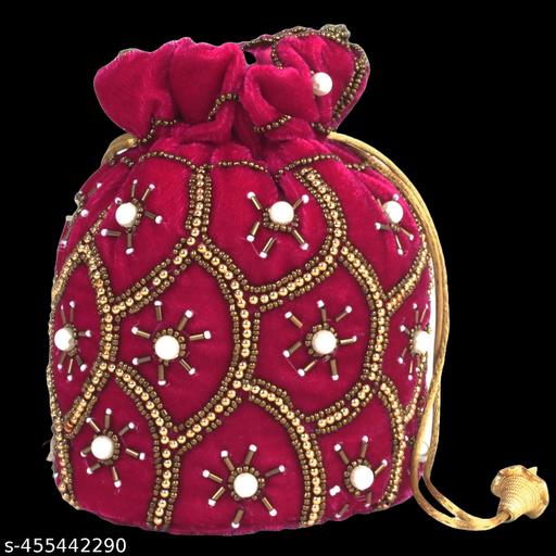BeijoBolsa Pink Women Velvet Embroider Potli Pouch for Wedding, Puja or Party