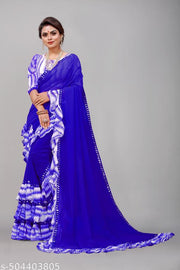 Women's Beautiful Print Georgette Frills Saree With Blouse Piece
