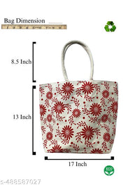 Canvas Bag with Red Floral Print and Studded Handles