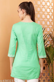 Trendy Womens Limegreen Embroidered Short Kurti