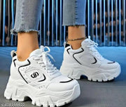 Women's White Chunky Sneakers | Lace-Up Casual Platform Shoes for Walking, Travel, College, Gym, Running & Daily Wear