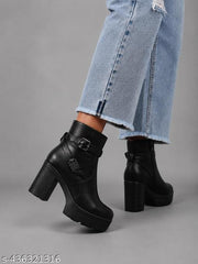STRASSE PARIS | Trendy Women Black Chunky Block Heel Platform Ankle Boots | Metallic Buckle Detail Side Zipper High Heel Winter Boots / Party & Casual Wear Footwear