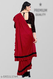 Red Lycra Saree with Sequins Work Blouse | Modern Ruffle Saree for Women