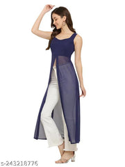 Shimao Trendy Solid Georgette Front-Open High-Slit Sleeveless Kurta for Women