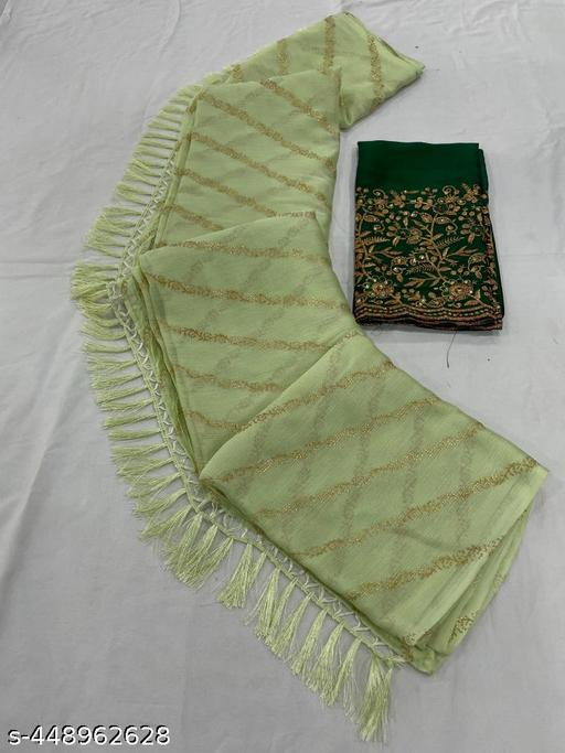 Dori Sarees Pista Chiffon Saree sari For Woman With Blouse Piece