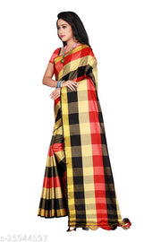 Fabric: Silk texture for a rich look Design: Eye-catching checked pattern Border: Subtle yet attractive metallic gold detailing Occasion: Suitable for weddings, festivals, parties, and traditional events Finish: Soft sheen with premium quality weaving