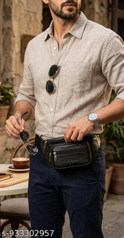 I A F Bags Waist Bag, I A F Bags Waist Pouch. IAF Bags Waist Bag for Men | Black Leatherette Fanny Pack | Chest Bag with 4 Zips | Travel Pouch. 2.Pu Leather Waist Pouch for Men | Black Fanny Pack Chest Bag | Travel Bag for Phone & Cash