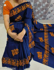 RAJKAJ NEW WINTER SEASON PURE JAIPURI, BAGRU HAND BLOCK PRINT PURE SOFT COTTON MULMUL SAREE WITH BLOUSE PIECE (BLUE WITH ORANGE)