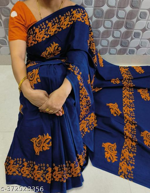 RAJKAJ NEW WINTER SEASON PURE JAIPURI, BAGRU HAND BLOCK PRINT PURE SOFT COTTON MULMUL SAREE WITH BLOUSE PIECE (BLUE WITH ORANGE)