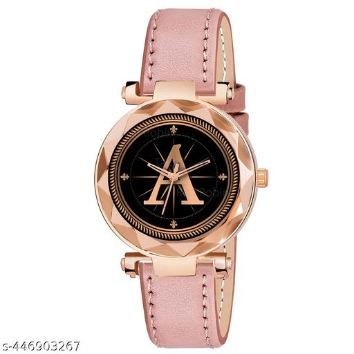 Skoal Analog Round Black Dial ALPHABET A Design Stylish Peach Leather Strap Classic Design Fancy Wrist Watch for Women and Girls, Pack of 1 - ALPHA-A-GEN-RG-PCH-L