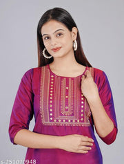 Neha Wine New Stylish ArtSilk Round Neack with Emrodery work  Kurti for Women