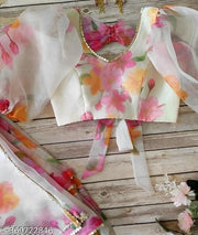 Bollywood White colour Floral Organza Saree With Fully Stiched Styles Blouse Upto 42 Size by KRADDLE
