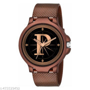 Prathshya Analog Round Black Dial ALPHABET P Design Stylish Brown PUn Strap Classic Design Fancy Wrist Watch for Men and Boys, Pack of 1 - ALPHA-P-3K-BRW-SFR