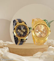 Multicolored Dial Stainless Steel Gold Strap Watch for Boys (Pack of 2)
