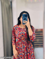 Micro Printed Naira Cut Kurti | Ready-to-Wear Anarkali Styles Top | Perfect with Jeans/Leggings|Vibrant Multi-Colors Naira Cut Kurti | Ethnic Motif Digital Print Long Kurta