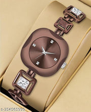 OHHO Premium Square Design Silver Stone Studded & Brown Metal Bracelet Strap (Women-Ladies-Girls) Analog Watch - For Girls