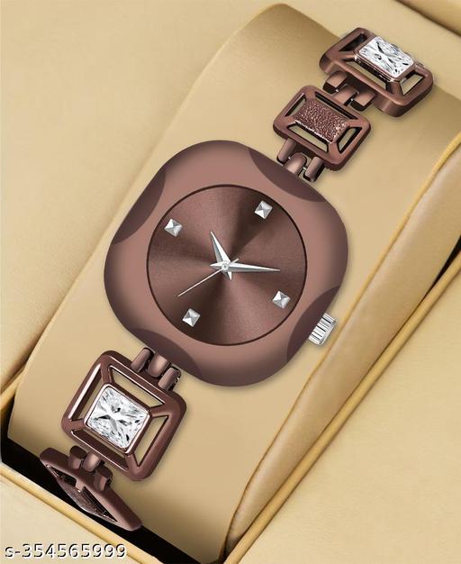 OHHO Premium Square Design Silver Stone Studded & Brown Metal Bracelet Strap (Women-Ladies-Girls) Analog Watch - For Girls