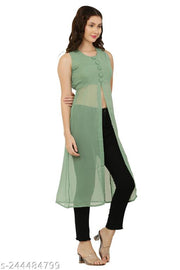 Shimao Women's Solid Georgette Front High-Slit Sleeveless Long Kurti