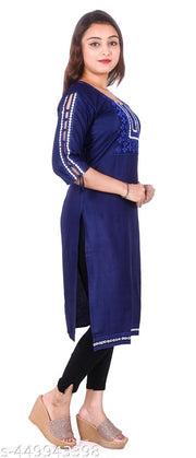 Women's Cotton Embroidered Teal Straight Kurti For Office/Party Wear