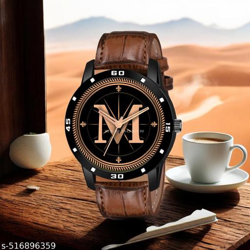 PS WATCHES Analog Round black Dial ALPHABET M Design Stylish brown Strap Classic Design Fancy Watch for Men and Boys, Pack of 1 ALPHABET M-AVO-BLK-DBRW-1