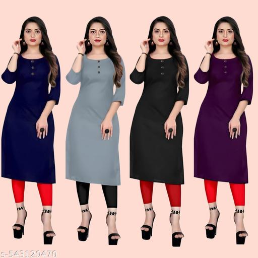 Solid Pack of 4 Casual Ethnic Plain A-Line American Crepe Fabric Light Weight Kurtis For Daily Use in Low Price