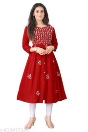 Women Embroidered Cotton Rayon Flared  Kurta  Anarkali Kurti Red