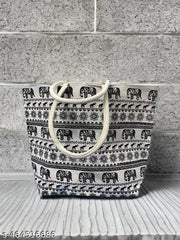 "Stylish Canvas Bag with Black Elephant Print & Studded Handle – Perfect for daily Use!"