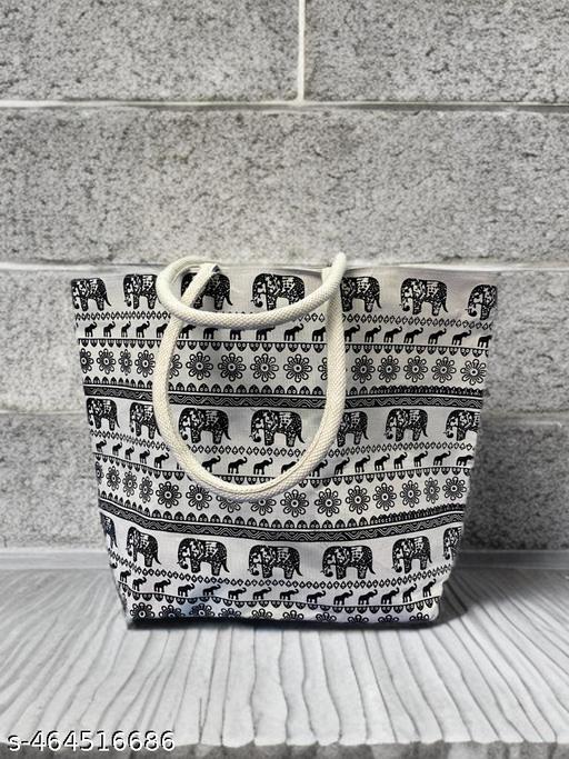 "Stylish Canvas Bag with Black Elephant Print & Studded Handle – Perfect for daily Use!"