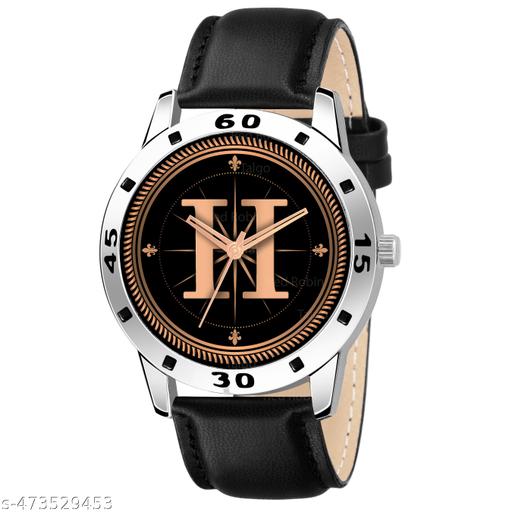 Prathshya Analog Round Black Dial ALPHABET H Design Stylish Black Leather Strap Classic Design Fancy Wrist Watch for Men and Boys, Pack of 1 - ALPHA-H-AVO-SIL-BLK-L