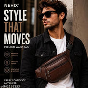 NEHX Brown Leather Waist Bag for Men & Women | Adjustable Strap Fanny Pack | Travel & Hiking Hip Bag |