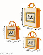 Printed Eco-Friendly Tribal Canvas Print Jute Bag/Shopping Bag/Grocery Bag with Zip Closure (light orange), Pack of 3