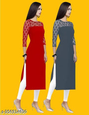 Polyster/Crepe fabric-Pack of 1 Casual And Round-Neck 3/4 Length Sleeves Red & Grey Kurti (42"Inches)