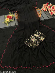 Women's BLack Georgette Saree with Heavy Silver Floral Embroidered Blouse Piece