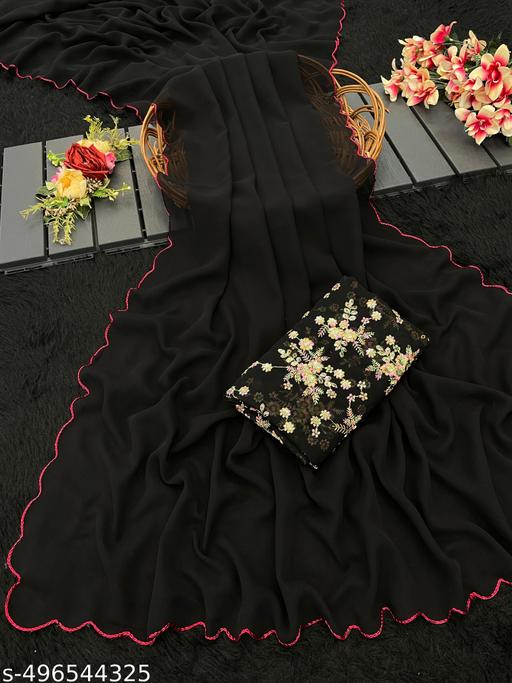Women's BLack Georgette Saree with Heavy Silver Floral Embroidered Blouse Piece
