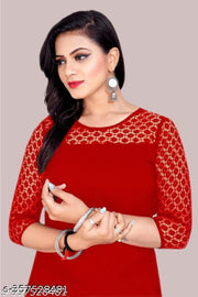 Casual American Crepe And Net Round-Neck 3/4 Length Sleeve  Red Kurti (42"Inches)