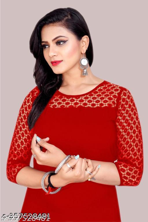 Casual American Crepe And Net Round-Neck 3/4 Length Sleeve  Red Kurti (42"Inches)