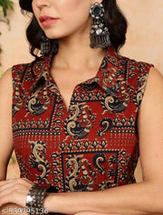 women printed straight sleeves kurta maroon