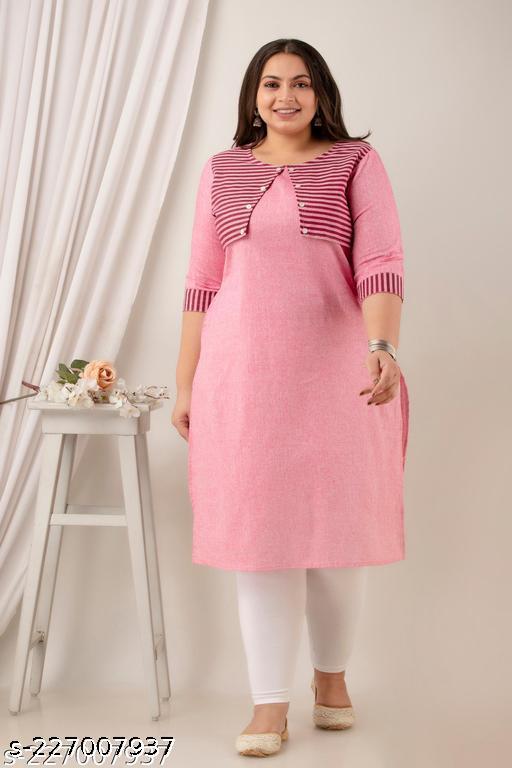 Neerupam Collection Pink Cotton Kurti | Straight Jacket Style Kurti | Plus Size Cotton Kurti | Casual Kurti For Women | 44" Long Kurti | Kurti For Girls
