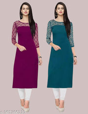 Pack of 1 Casual American Crepe And Net Round-Neck 3/4 Length Sleeves Wine & Rama Kurti (42"Inches)