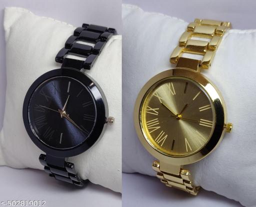 New Arrivals Festive Seasonal Stylish Throns Fit Round Ad Case Solid Black Dial With Attractive metal chain Analog Watch with Attractive Diamond Studded Bracelet Combo for Women & Girls.