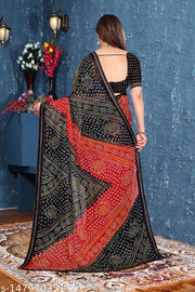 Black bandhani Saree with Lace Border, Comfortable Georgette Printed Daily Wear Saree with unstitched Blouse Piece, New Arrival Latest saree, Trending Saree
